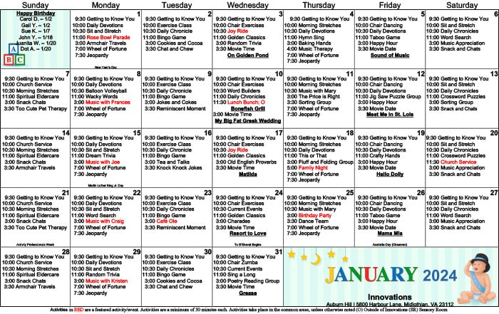 January 2024 Calendar - Auburn Hill Senior Living