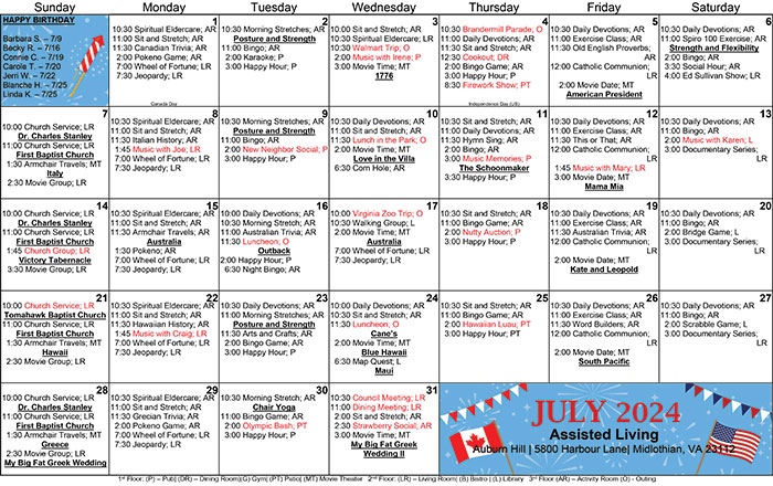 July 2024 Assisted Living Calendar