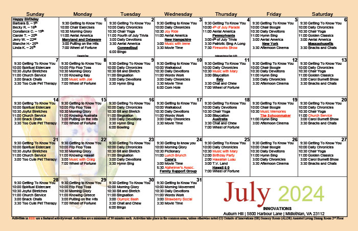July 2024 Memory Care Calendar