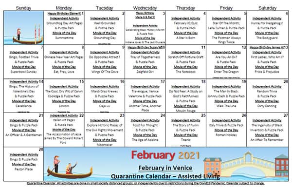 Assisted Living Calendar February 2021
